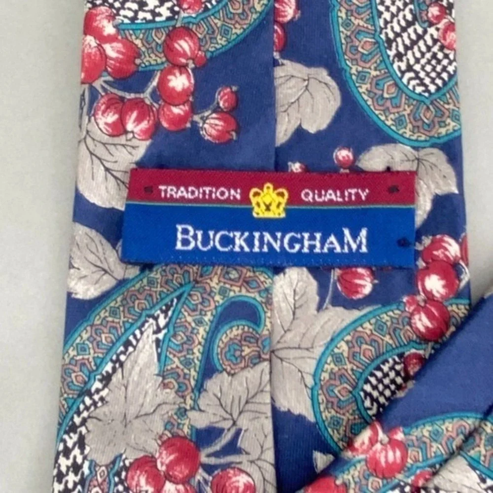 Buckingham Silk Tie Mens Blue Red Paisley‎ Floral Berries Italian Silk